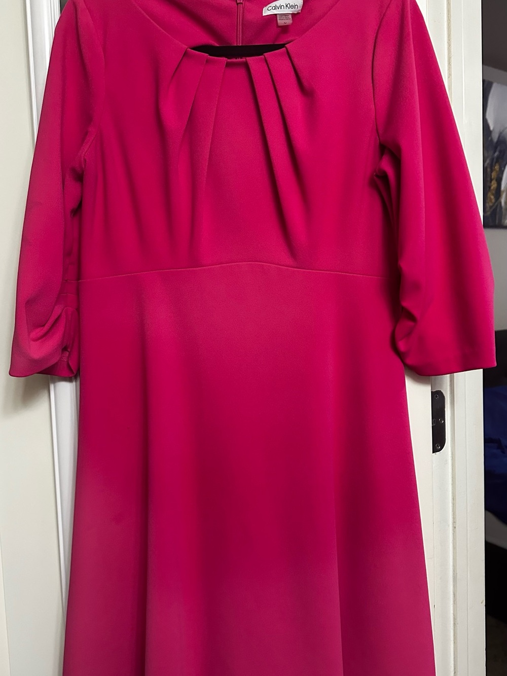 Calvin Klein Bright Fuchsia Pleated Keyhole A-Line Dress